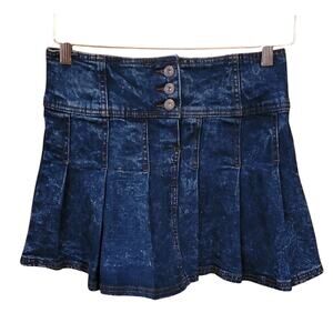 No Boundaries Y2K Dark Wash Pleated Denim Mini Skirt Size 3‑5 Button Fly